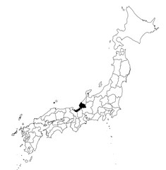 Obraz premium Vector map of the prefecture of Fukui highlighted highlighted in black on the map of Japan.