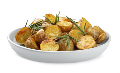 Delicious baked potatoes with rosemary isolated on white