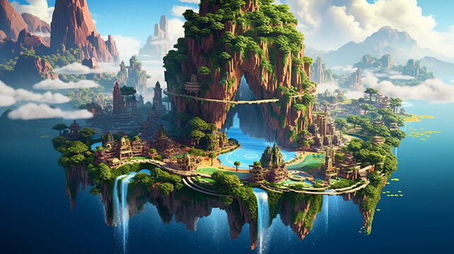 Illustration image depicting a majestic landscape where the sky is adorned with floating islands with green nature and beautiful waterfalls