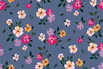 Seamless floral pattern, liberty ditsy with cute mini flowers. Pretty botanical design with abstract meadow: small hand drawn flowers, daisies, tiny leaves on a blue field. Vector illustration.