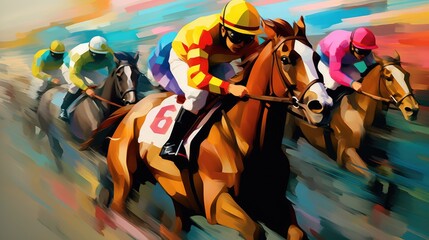 Fototapeta na wymiar Horse racing colorful illustration, with jockeys sprinting on horses. Horse racing horizontal poster.