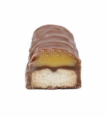 Piece of sweet tasty chocolate bar on white background