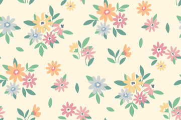 Seamless floral pattern, liberty ditsy with mini daisies in pastel colors. Pretty botanical design for fabric, paper: small hand drawn flowers, tiny leaves on a light background. Vector illustration.