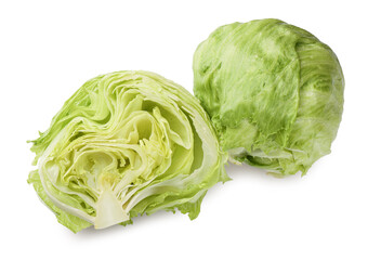 Whole and cut fresh green iceberg lettuces isolated on white, top view