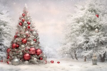 Fototapeta na wymiar a christmas tree with white snow and decorations, with red and silver balls. Merry Christmas and Happy Holidays greeting card, frame, banner. New Year. Winter xmas holiday theme