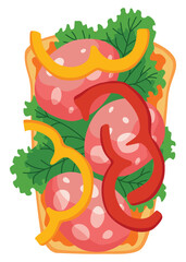 Toasts top view. Cartoon isolated slice of toasted cereal bread with with healthy toppings. Sandwiches for sweet breakfast