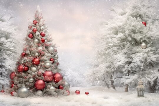 a christmas tree with white snow and decorations, with red and silver balls. Merry Christmas and Happy Holidays greeting card, frame, banner. New Year. Winter xmas holiday theme