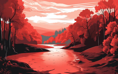 Monochromatic red landscape with forest and river. Generative AI technology.