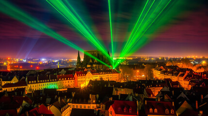 Lasershow am Himmel einer Stadt