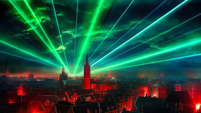 Lasershow am Himmel einer Stadt