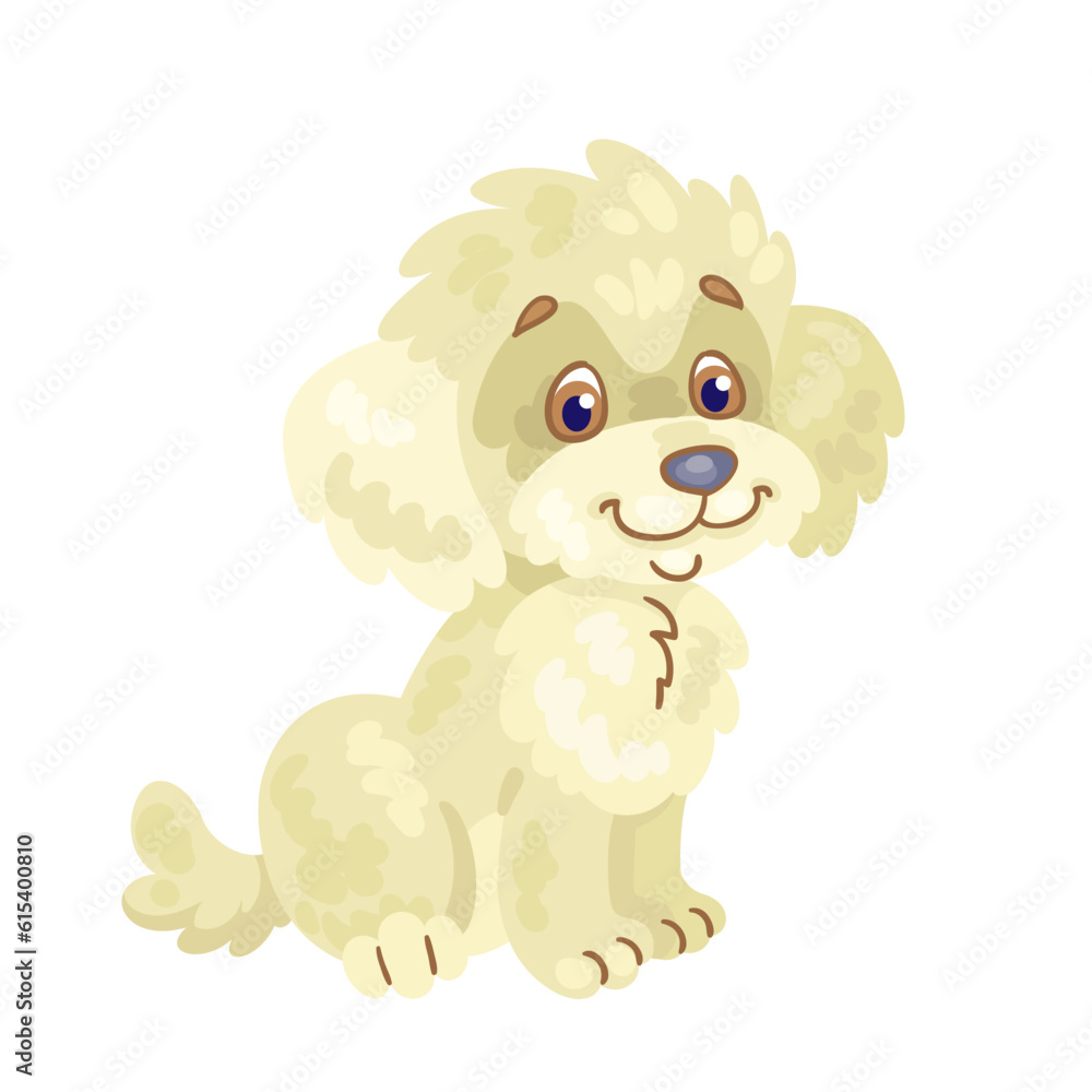 Sticker Cute white poodle puppy. In cartoon style. Isolated on white background. Vector flat illustration.