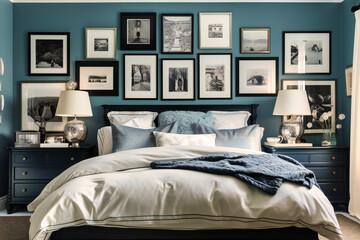 a bedroom with blue, white, and black furniture, pillows, and framed picture