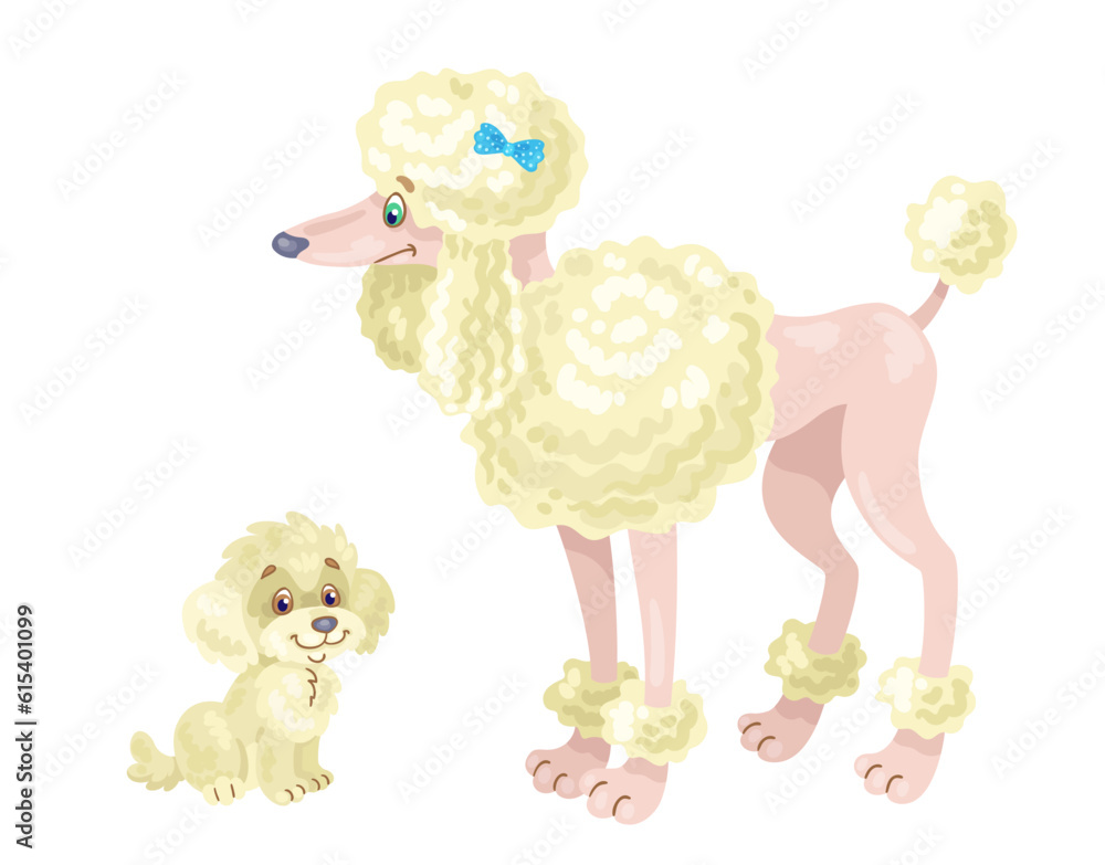 Sticker Funny white poodle and cute puppy. In cartoon style. Isolated on white background. Vector flat illustration.