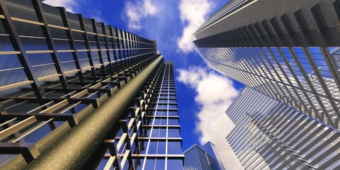 Skyscrapers, high-rise buildings from below against the background of the sky, cityscape, panorama of skyscrapers, 3D rendering
