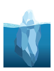 Iceberg floating in water. Arctic glacier. Futuristic polygonal illustration on blue background. Huge white block of ice drifts with massive underwater part