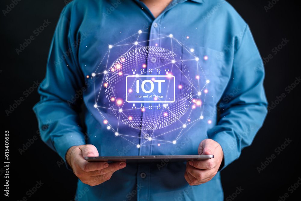 Poster businessman using digital tablet to access internet of things iot technology with world earth networ