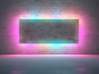 Magenta fluorescent glow: the ultimate neon wall art mock-up with vibrant purple copy space and rectangular technology screenshots elevate your next design with stunning colorfulness!