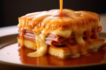 Francesinha, a traditional Portuguese sandwich layered with meats and cheese. - obrazy, fototapety, plakaty
