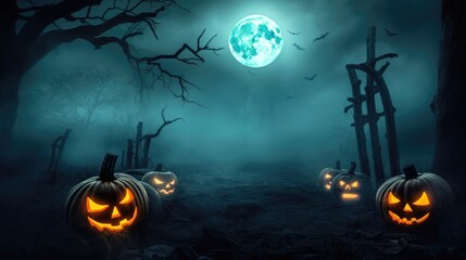 Halloween wallpaper. Carved Jack O' Lantern pumpkins in dark forest on spooky and foggy night with blue moonlight  and candles. Generative AI