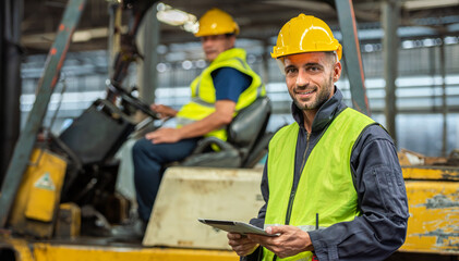 Portrait of forklift truck driver man smiling in old factory warehouse lifting pallet in storage...