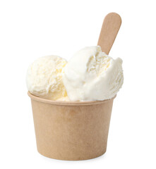 Delicious vanilla ice cream in paper cup isolated on white