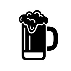 Foamy beer mug icon, black silhouette on white. Drink in big rounded glass cup with handle. Vector element of minimalist design for logo and stencil print, illustration of alcoholic beverage.