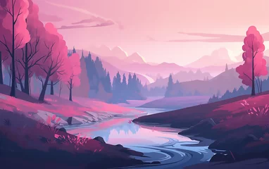 Peel and stick wall murals Light Pink Analogous blue pink landscape with forest and river. Generative AI technology.