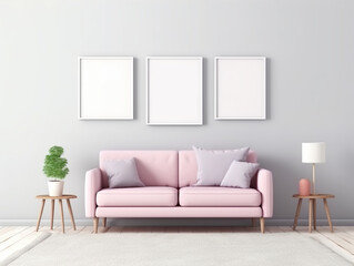 modern living room with sofa, 3 frames, mockup