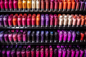 A collection of nail polish glass bottles is expertly arranged on a shelf, showcasing a captivating gradient of vibrant colors. Generative AI.