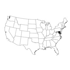 Vector map of the state of Maryland highlighted highlighted in black on the map of the United States of America.