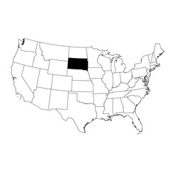 Vector map of the state of South Dakota highlighted highlighted in black on the map of the United States of America.
