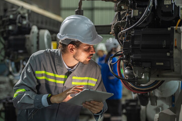 male automation engineer in uniform helmet safety inspection check control heavy machine robot arm...