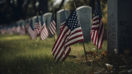 American flag in grave field for memory day created with Generative AI