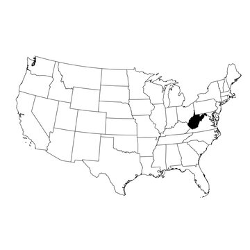 Vector map of the state of West Virginia highlighted highlighted in black on the map of the United States of America.