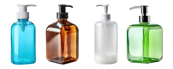 Set of Plastic cosmetic bottle with dispenser pump. Container for liquid, gel, lotion, cream, shampoo, shower gel. Packaging of beauty products