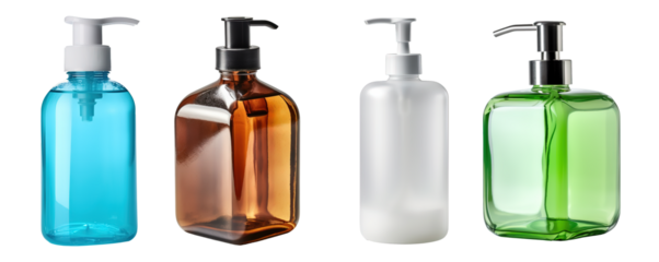 Set of Plastic cosmetic bottle with dispenser pump. Container for liquid, gel, lotion, cream, shampoo, shower gel. Packaging of beauty products