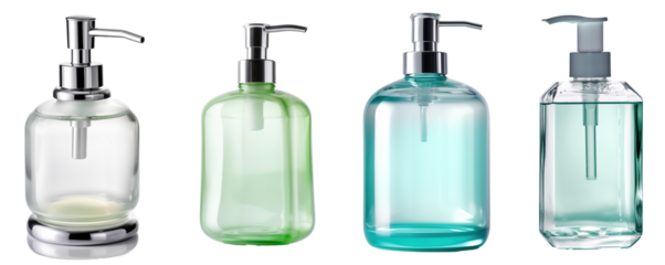 Set of Plastic cosmetic bottle with dispenser pump. Container for liquid, gel, lotion, cream, shampoo, shower gel. Packaging of beauty products