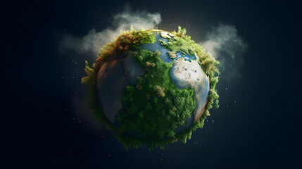 Earth globe with green plane and smoke of fire on black background created with Generative AI