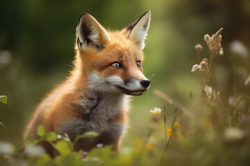 Naklejka na ściany i meble Fox cub in nature on summer forest background. Closeup animal portrait. Ai generated
