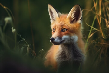 Fox cub in nature on summer forest background. Closeup animal portrait. Ai generated