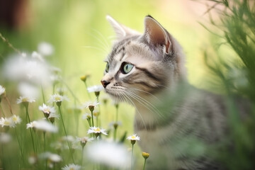 Cat in nature on summer forest background. Closeup animal portrait. Ai generated