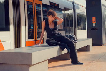 Young homosexual fashionable man poses in a station with a bag