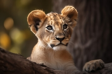 Obraz na płótnie Canvas Lion cub in nature on summer forest background. Closeup animal portrait. Ai generated