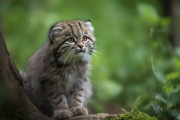 Naklejka na ściany i meble Manul cub in nature on summer forest background. Closeup animal portrait. Ai generated