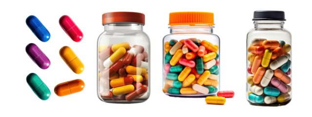 Set of scattered capsules on a white background. capsule bottles isolated on transparent background, capsule pharmacy bottle pill drug concept