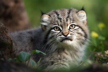 Naklejka na ściany i meble Manul cub in nature on summer forest background. Closeup animal portrait. Ai generated