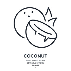 Coconut editable stroke outline icon isolated on white background flat vector illustration. Pixel perfect. 64 x 64.