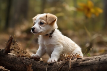 Puppy in nature on autumn forest background. Closeup animal portrait. Ai generated