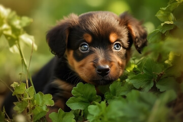 Puppy in nature on summer forest background. Closeup animal portrait. Ai generated