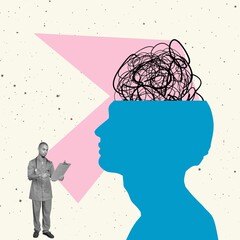 Mental collage. Doctor and big human head with meeting